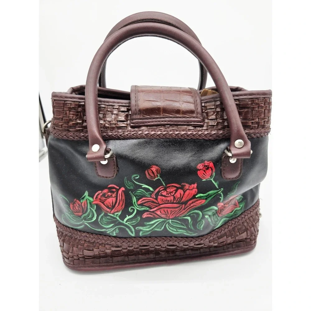 Vintage Black Brown Roses Handpainted Satchel Bag  Upcrafted Braided Woven Heart